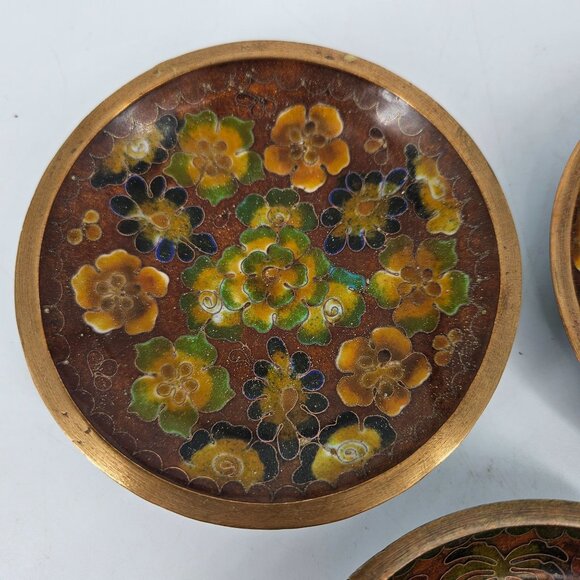 Enamel Cloisonne Dish Plate Trinket 4" Circle China Brown Floral Handpaint Lot 4 - Picture 3 of 7